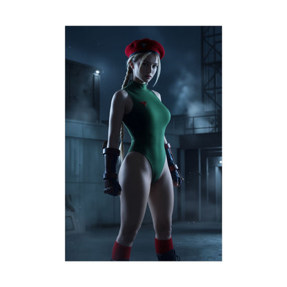 Cammy Poster, Street Fighter Art Print – Iconic Fighting Game Heroine: ultra-high-res Cammy portrait in green leotard and red beret for gaming room decor