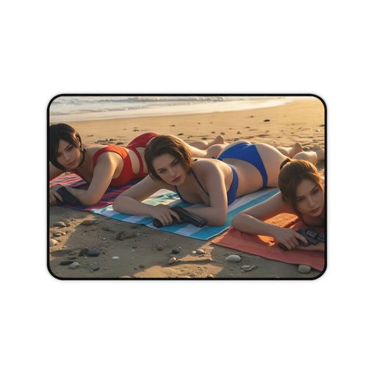 Gaming Mouse Pad – Ada Wong Claire Redfield Jill Valentine Desk Mat, Horror Setup featuring trio on beach-themed desk mat artwork