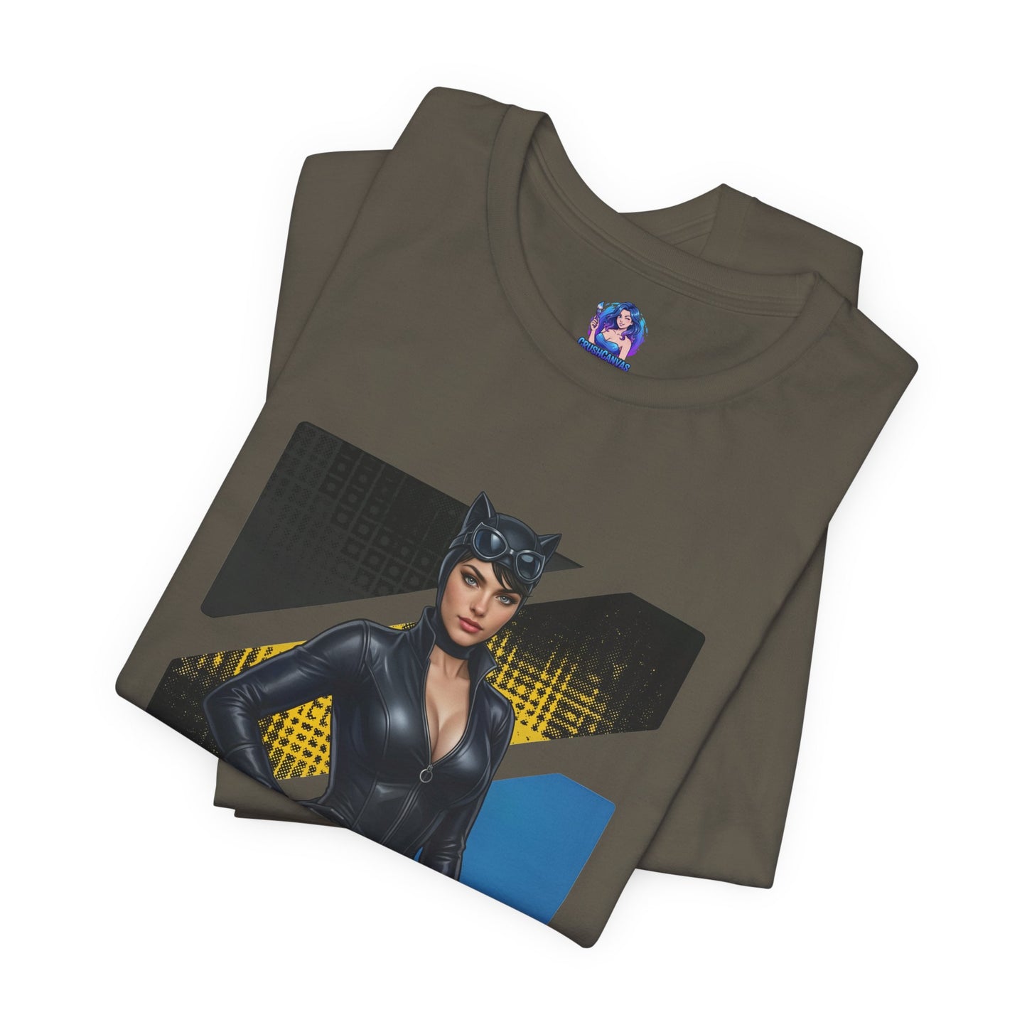 Catwoman T-Shirt | DC Comics Anime Tee for Gamers & Comic Fans — folded Bella Canvas tee with anime-style Catwoman graphic