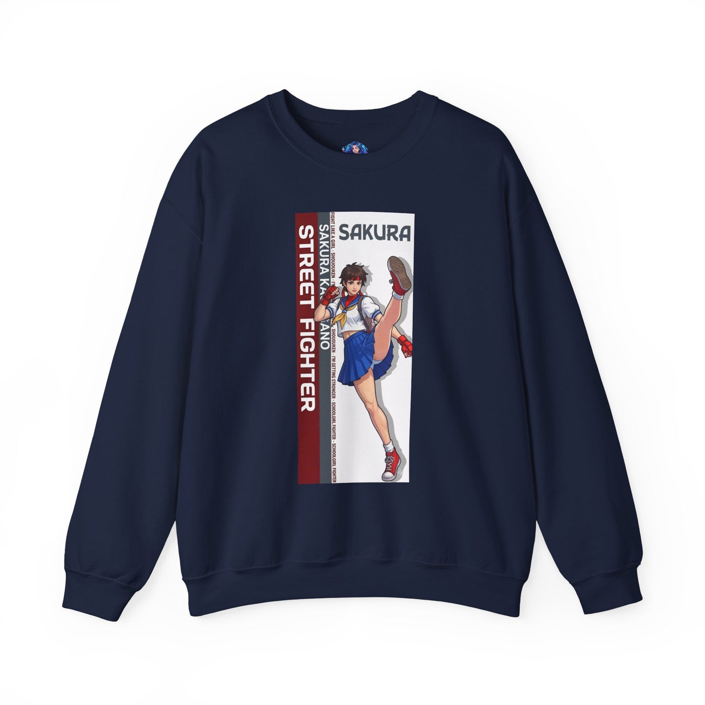 Sakura Sweatshirt, Street Fighter Crewneck, Classic Fighting Game Apparel for Fans — navy crewneck with Sakura character art