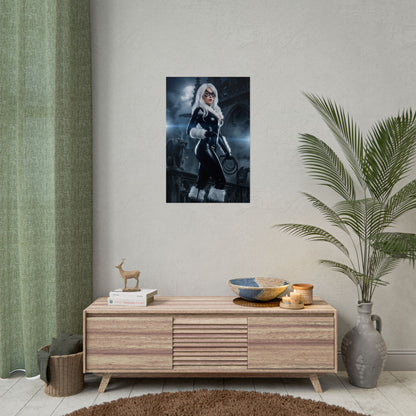 Black Cat Poster, Marvel Art Print – Classic Comic Book Wall Decor showing character-focused wall art above modern console in gaming/streaming room