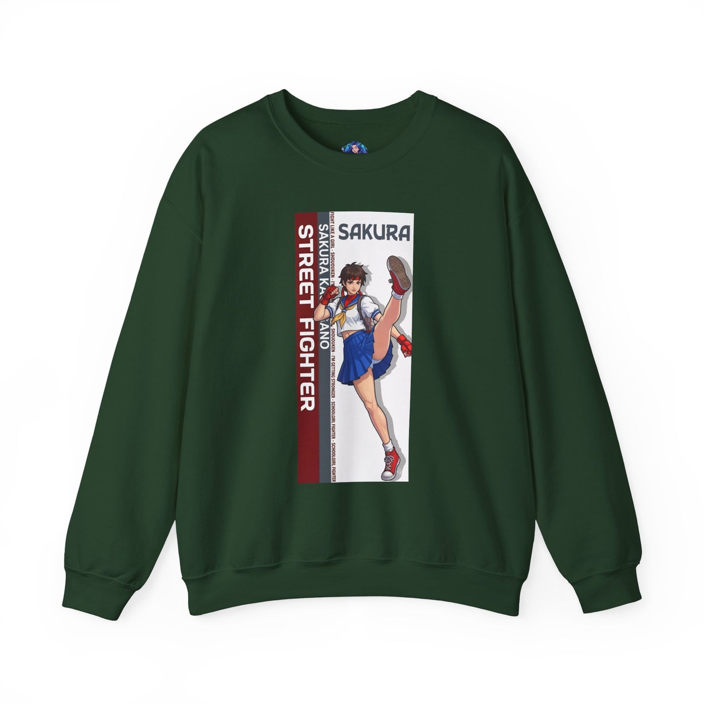 Sakura Sweatshirt, Street Fighter Crewneck, Classic Fighting Game Apparel for Fans — dark green crewneck with Sakura character artwork