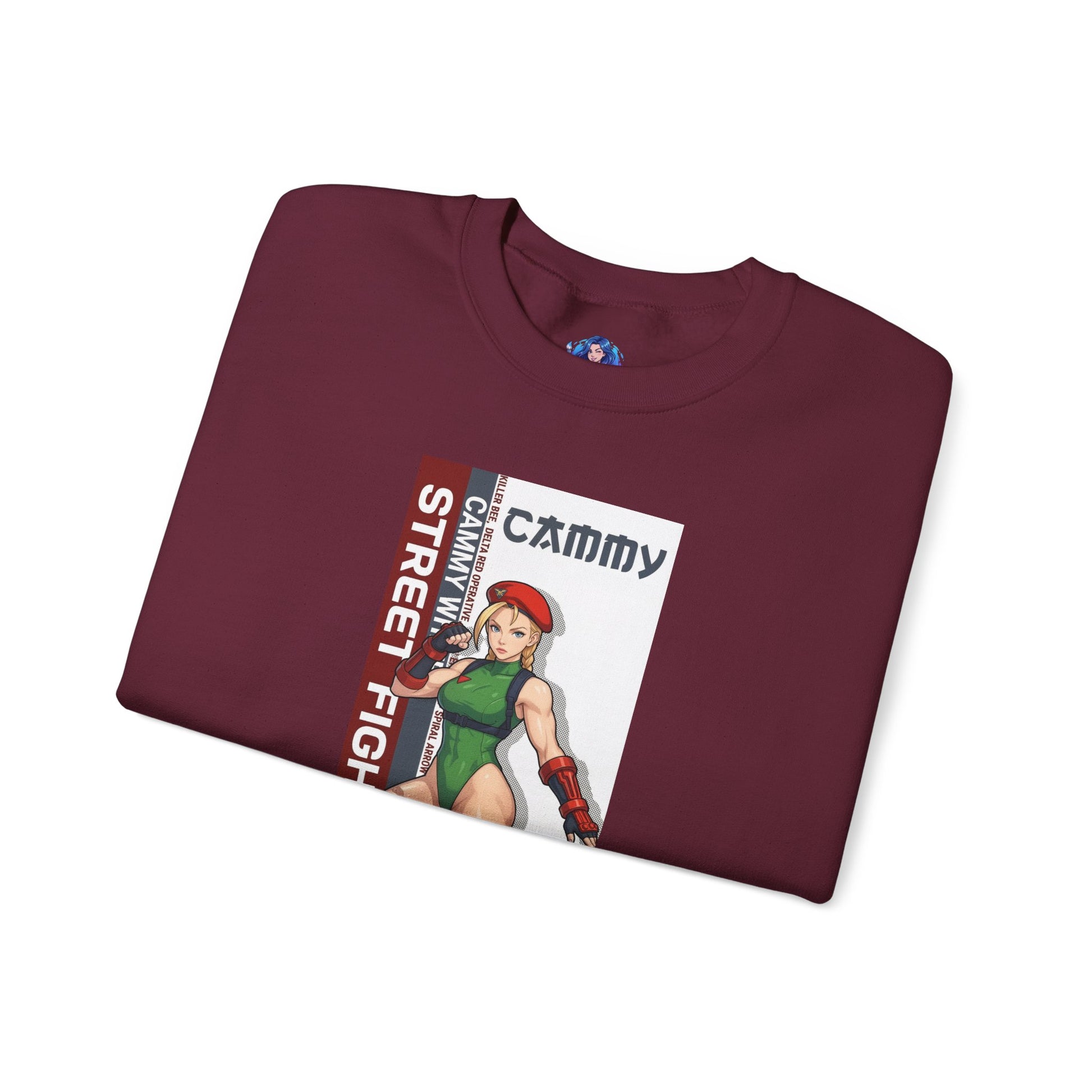 Cammy Sweatshirt, Street Fighter Crewneck, Classic Fighting Game Apparel for Fans - burgundy crewneck with Cammy green outfit artwork