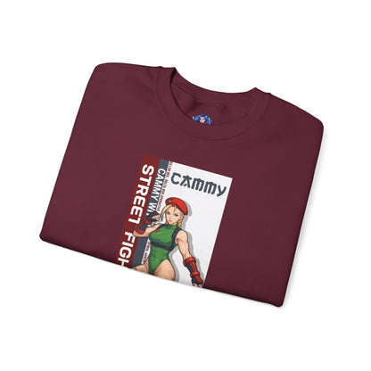 Cammy Sweatshirt, Street Fighter Crewneck, Classic Fighting Game Apparel for Fans - burgundy crewneck with Cammy green outfit artwork