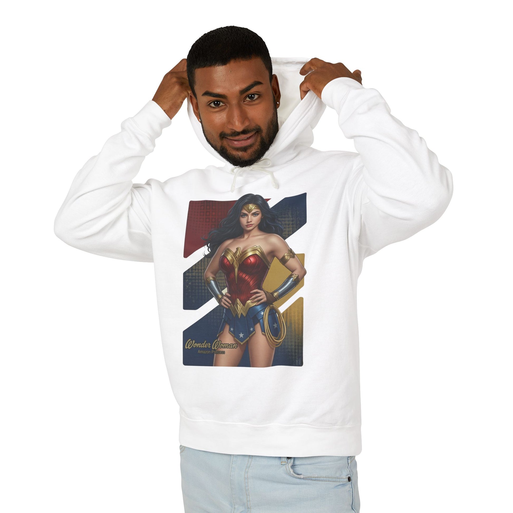 Wonder Woman Hoodie | DC Comics Hoodie | Anime Warrior Goddess Pullover white hoodie worn by smiling man featuring anime-style Wonder Woman graphic