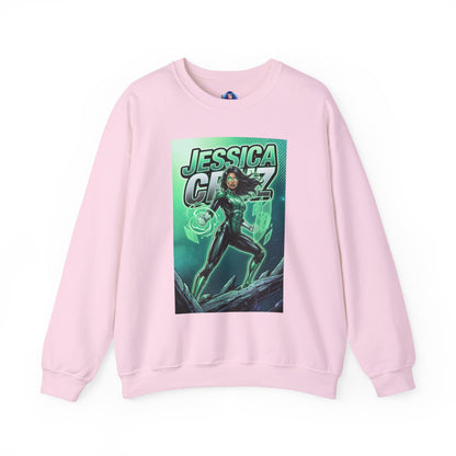 Jessica Cruz Sweatshirt, DC Comics Crewneck, Green Lantern Fan Apparel showing Jessica Cruz illustration with glowing green constructs on pink crewneck
