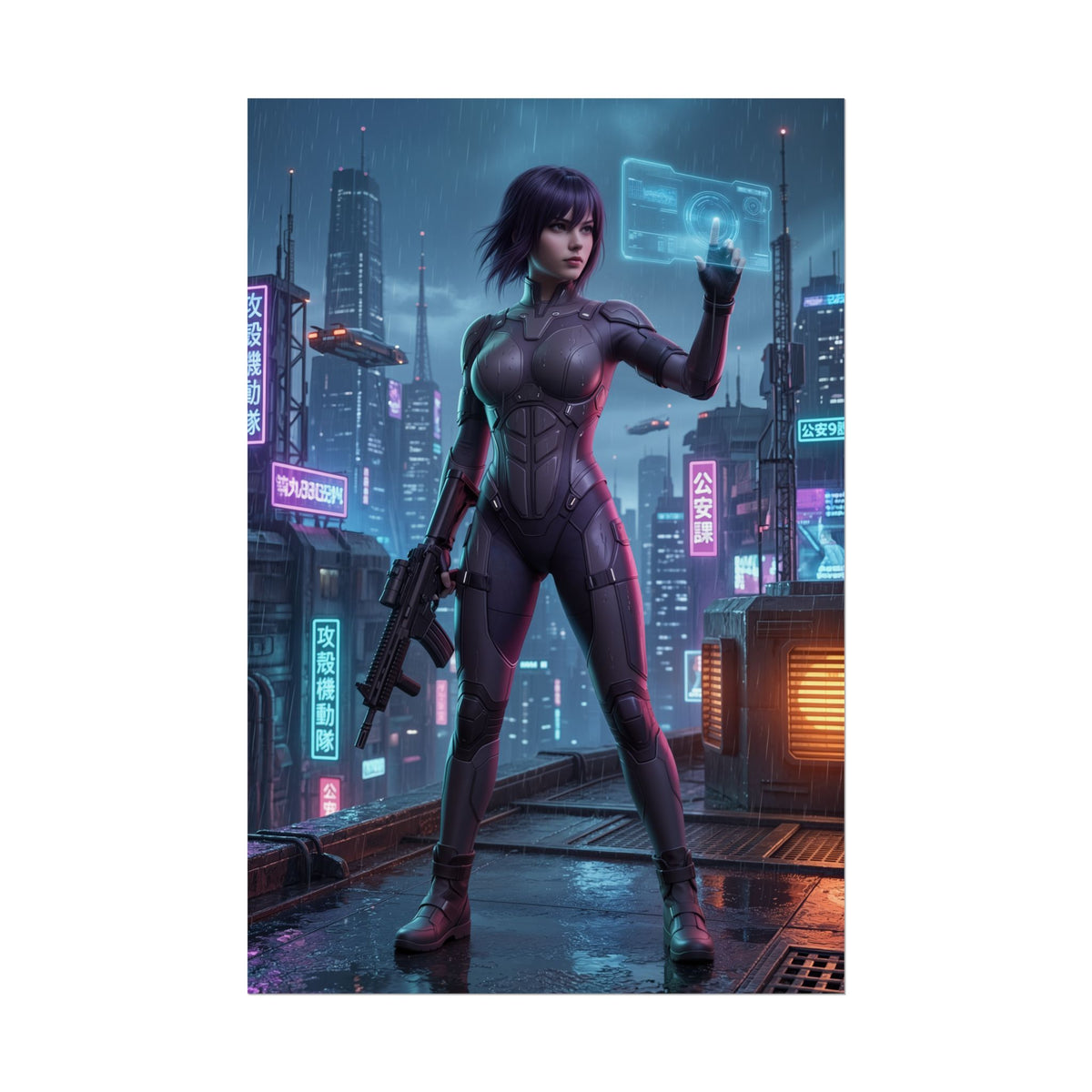 Motoko Kusanagi Poster, Ghost in the Shell Art Print  Sci-Fi Wall Art cyberpunk cityscape poster of armed Motoko in tactical suit