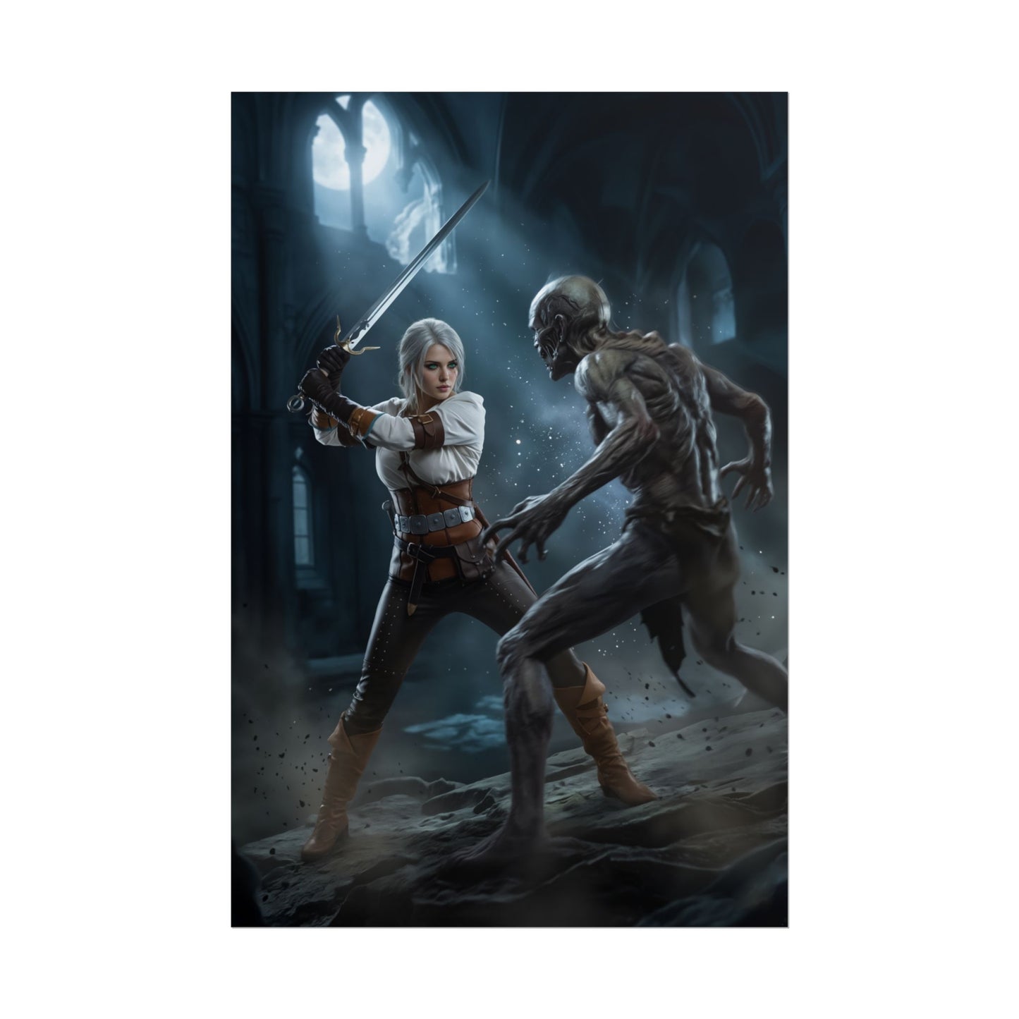 Ciri Poster, The Witcher Art Print, Iconic Warrior Character Wall Decor - Ciri fighting a ghoul in a dramatic fantasy interior scene