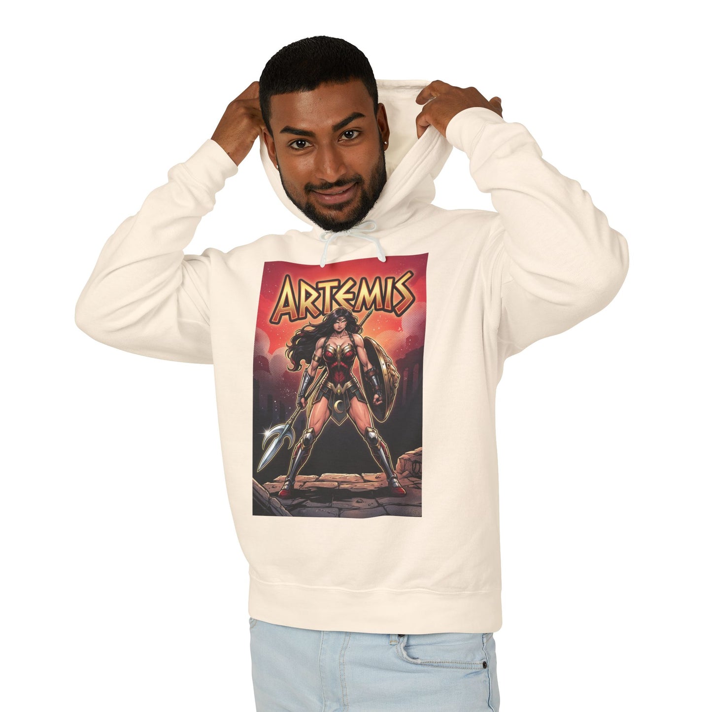 Artemis Hoodie | DC Superhero Hoodie | Amazon Battle Queen Pullover model wearing cream pullover with bold Artemis comic cover print