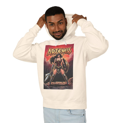Artemis Hoodie | DC Superhero Hoodie | Amazon Battle Queen Pullover model wearing cream pullover with bold Artemis comic cover print