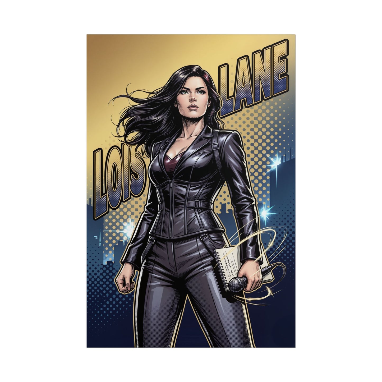 Lois Lane Poster / Lois Lane Wall Art / Lois Lane Art Print / DC Comics Poster - confident Lois Lane holding notebook and microphone in city-lit scene