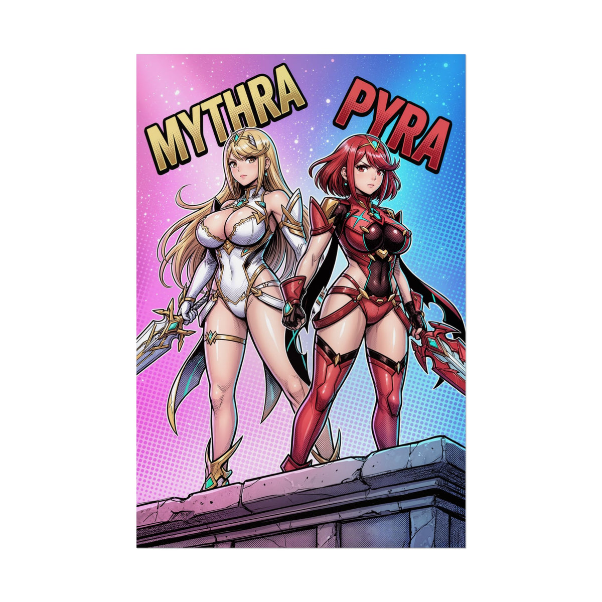 Mythra Pyra Poster / Mythra Pyra Wall Art / Mythra Pyra Art Print / JRPG Poster featuring two armored heroines standing side by side, vibrant anime-style art