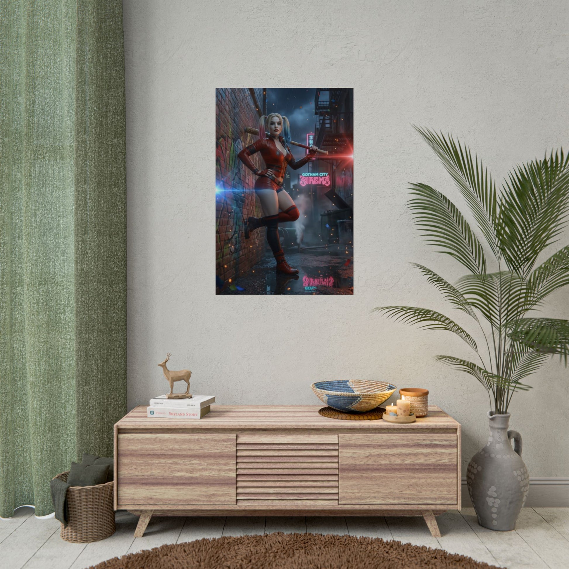 Harley Quinn Poster, DC Art Print – Iconic Comic Anti-Heroine Wall Art displaying vibrant high‑resolution character art in a modern living room setting
