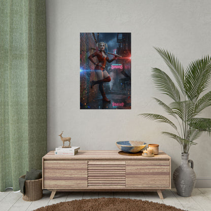Harley Quinn Poster, DC Art Print – Iconic Comic Anti-Heroine Wall Art displaying vibrant high‑resolution character art in a modern living room setting