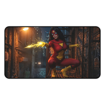 Spider-Woman Gaming Mouse Pad, Superhero Desk Mat, Comic Heroine Desk Setup — bold HD artwork of Spider-Woman in red costume firing energy in an urban alley