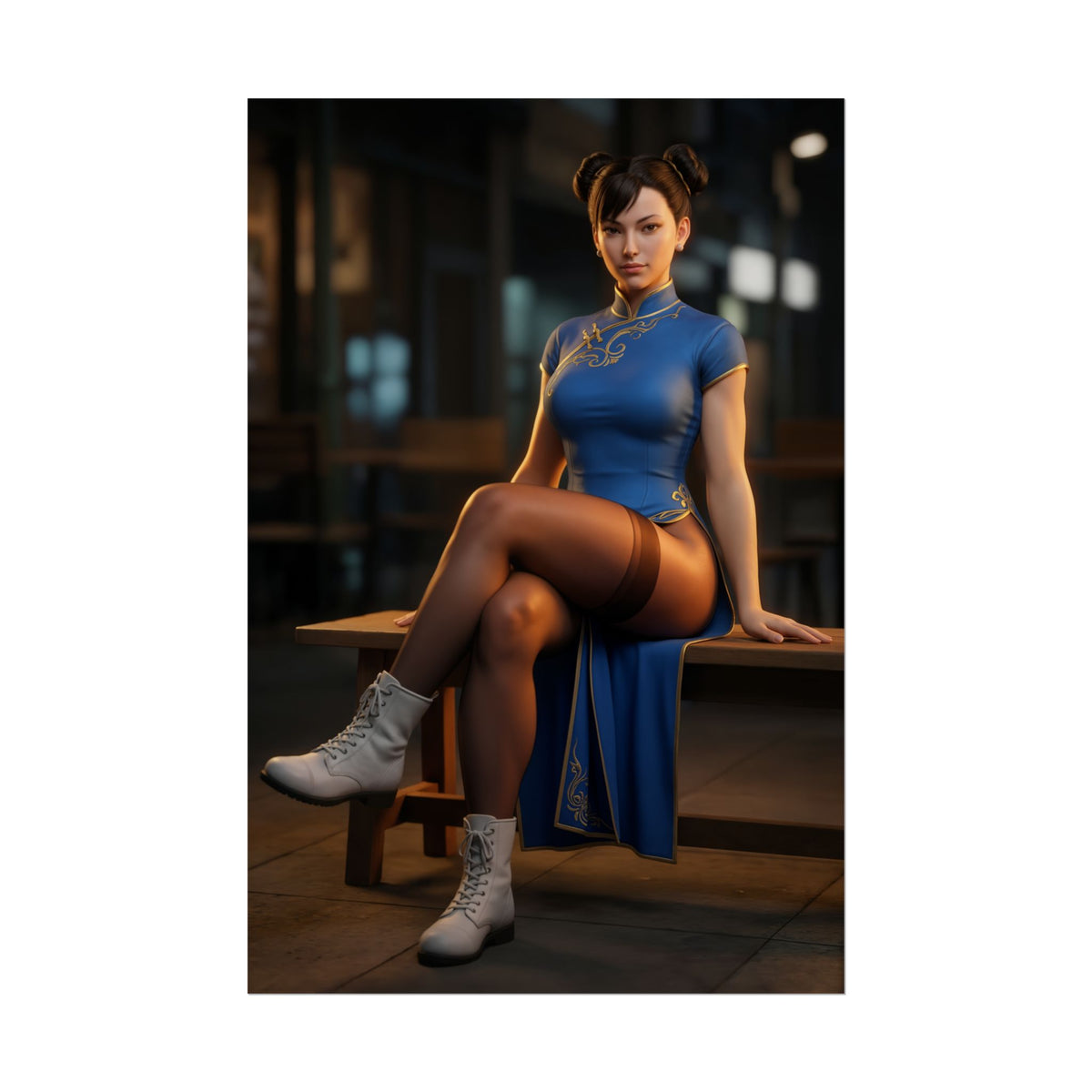 Chun-Li Poster, Street Fighter Art Print  Iconic Arcade Fighter Gift showing Chun-Li in blue qipao seated on bench, retro gaming room wall art