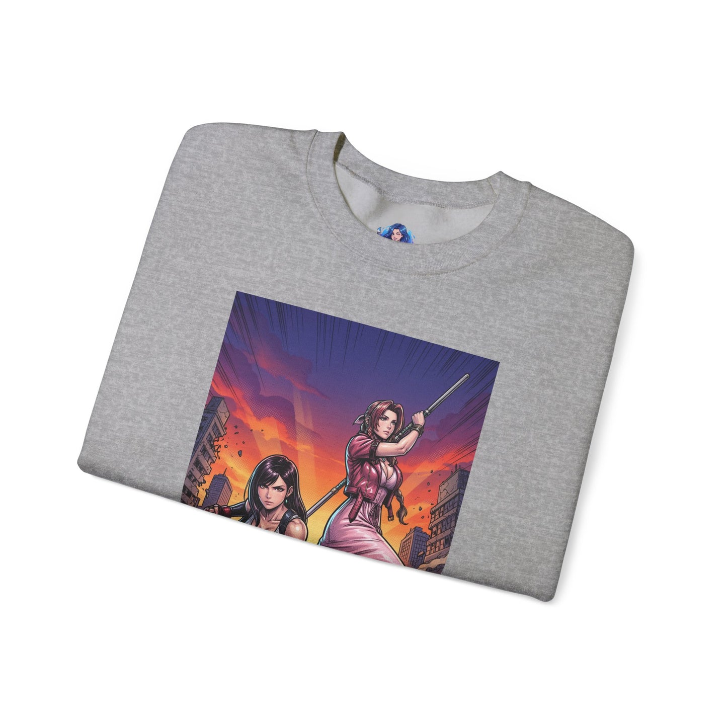Tifa Lockhart & Aerith Gainsborough Sweatshirt, Game Character Art, Premium Fan Apparel — folded grey crewneck with cinematic battle-ready illustration