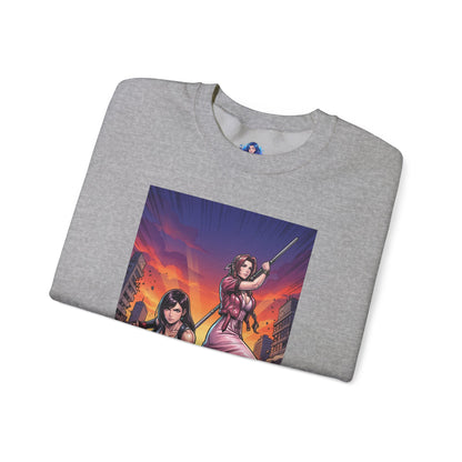 Tifa Lockhart & Aerith Gainsborough Sweatshirt, Game Character Art, Premium Fan Apparel — folded grey crewneck with cinematic battle-ready illustration