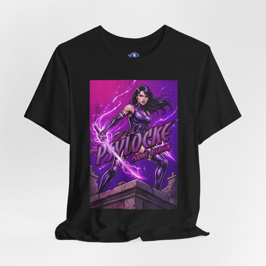 Psylocke T-Shirt | Marvel X-Men Anime Tee for Gamers & Fans - purple psychic blade action art on Bella Canvas 3001 unisex tee