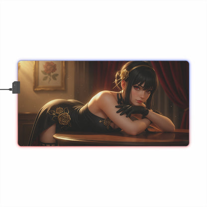 Yor Forger Desk Mat – LED RGB Pad, Waifu Anime Girl Gaming Setup showing elegant assassin-inspired waifu reclining on RGB-lit gaming desk mat