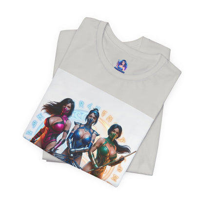 Kitana Jade and Mileena T-Shirt | Mortal Kombat Anime Tee for Gamers & Fans - folded white tee showcasing anime-style Kitana, Jade, Mileena trio print