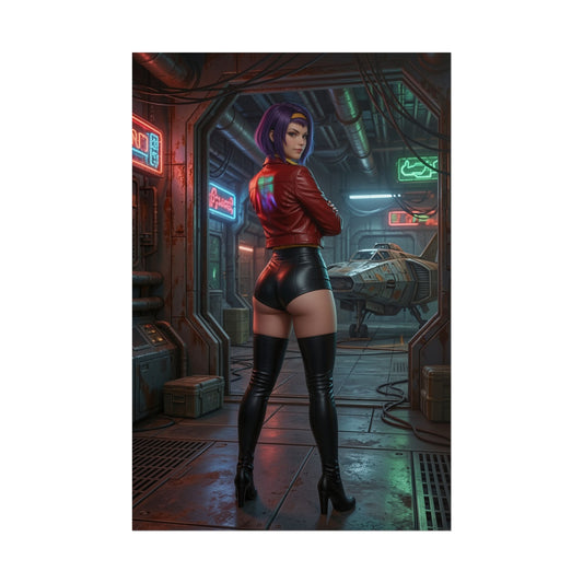 Faye Valentine Poster, Cowboy Bebop Art Print – Anime Collector Wall Art - sultry Faye in red jacket and thigh-high boots in neon spaceship hangar