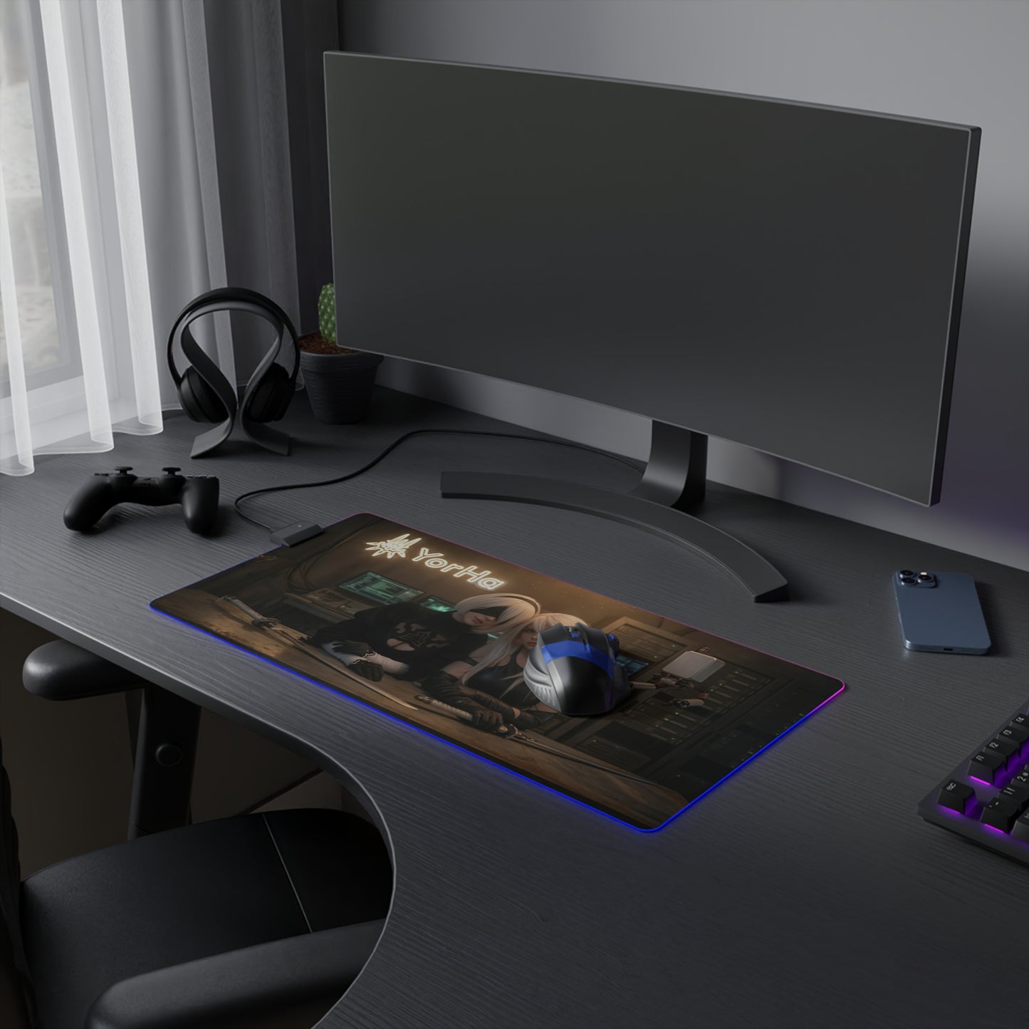 2B and A2 Desk Mat – LED RGB Pad, Waifu Android Anime Girl Gaming Setup