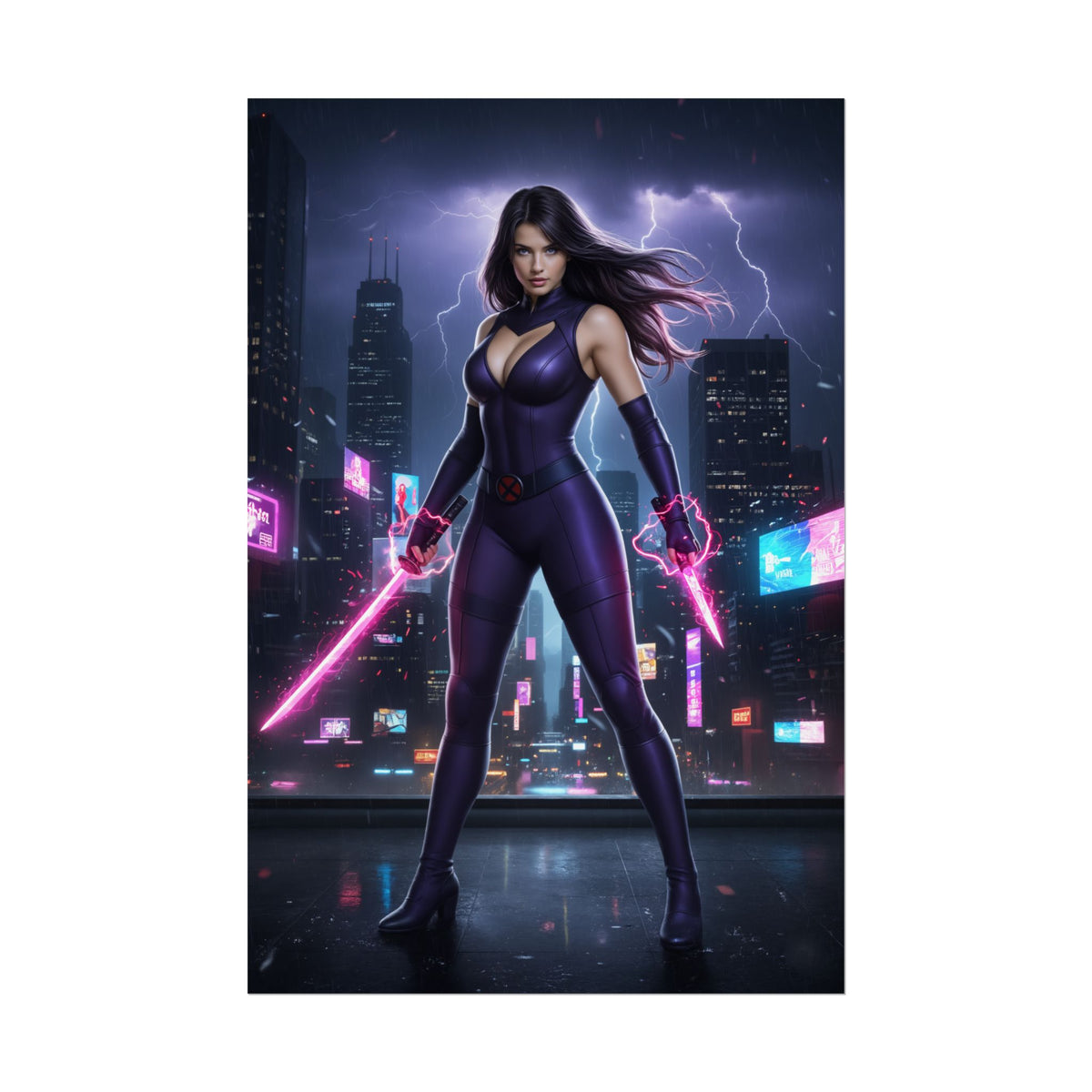 Psylocke Poster, Marvel X-Men Art Print, Iconic Telepath Ninja Hero  dramatic citynight print of Psylocke with glowing psychic blades