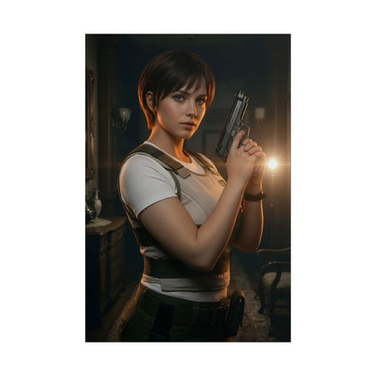 Rebecca Chambers Poster, Resident Evil Art Print – Iconic Survival Heroine featuring Rebecca holding a handgun in a moody gaming room portrait