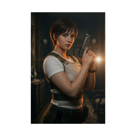 Rebecca Chambers Poster, Resident Evil Art Print – Iconic Survival Heroine featuring Rebecca holding a handgun in a moody gaming room portrait