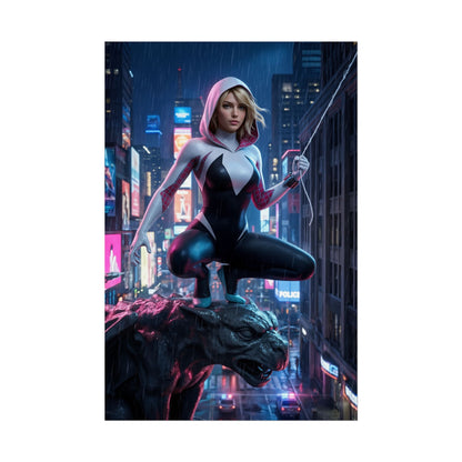 Gwen Stacy Poster, Spider-Verse Art Print, Iconic Superhero Character — Gwen Stacy in hooded suit perched on city gargoyle at night