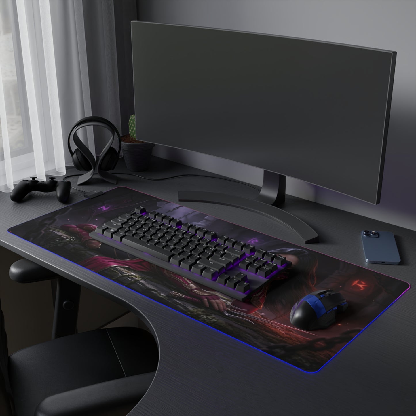 Mileena Desk Mat – LED RGB Pad, Waifu Assassin Anime Girl Setup on gaming desk with keyboard mouse and purple LED lighting