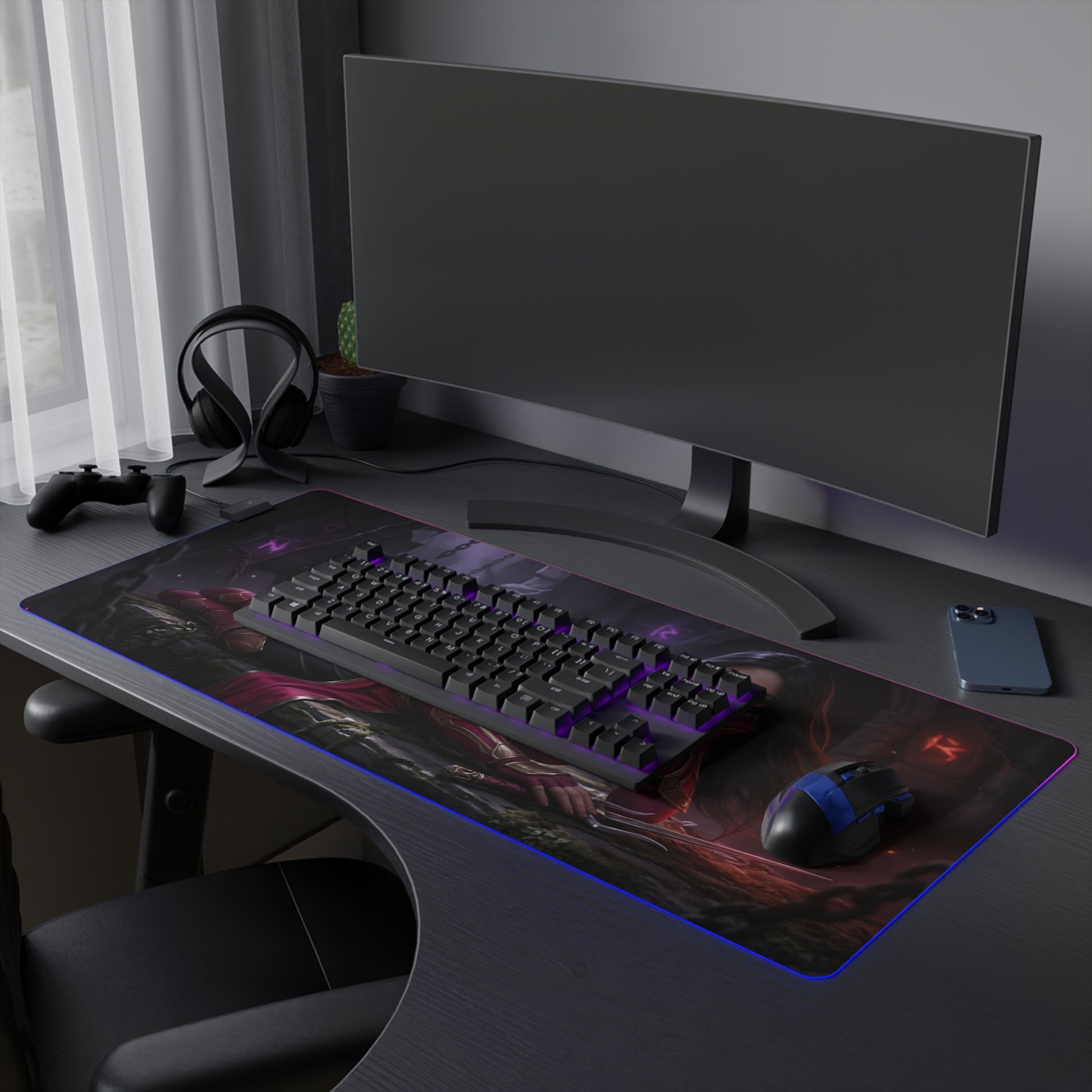 Mileena Desk Mat – LED RGB Pad, Waifu Assassin Anime Girl Setup on gaming desk with keyboard mouse and purple LED lighting