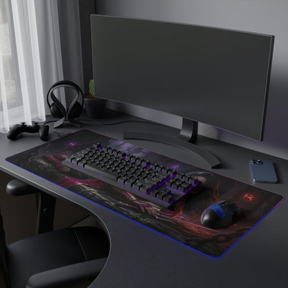 Mileena Desk Mat – LED RGB Pad, Waifu Assassin Anime Girl Setup on gaming desk with keyboard mouse and purple LED lighting