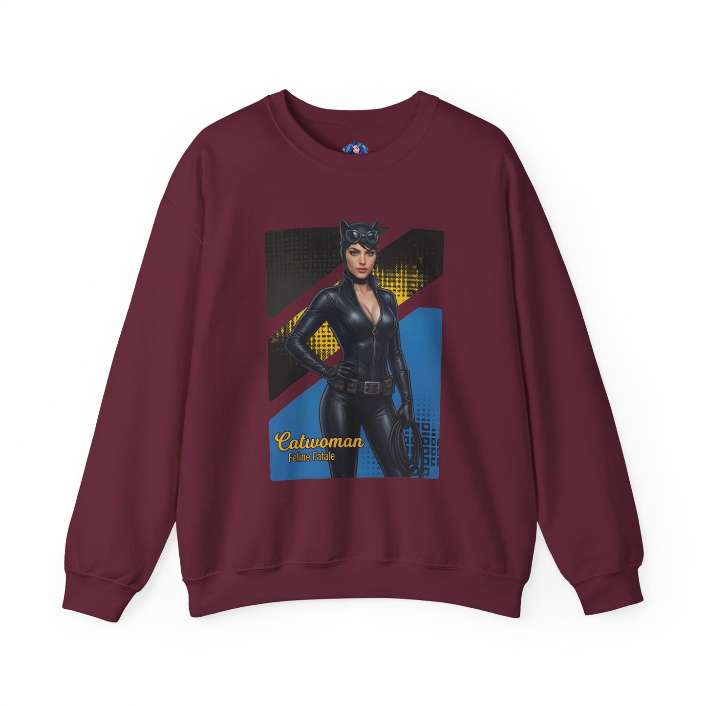 Catwoman Sweatshirt, DC Comics Crewneck, Sleek Superhero Apparel for Fans - maroon crewneck with Catwoman graphic, sleek black outfit and bold comic-style background