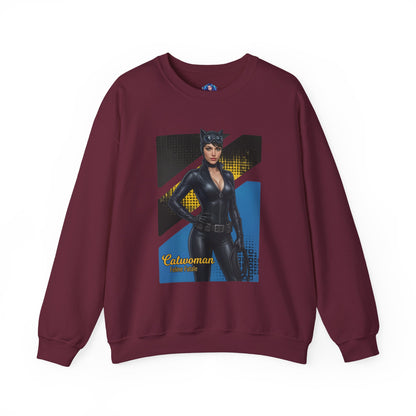 Catwoman Sweatshirt, DC Comics Crewneck, Sleek Superhero Apparel for Fans - maroon crewneck with Catwoman graphic, sleek black outfit and bold comic-style background