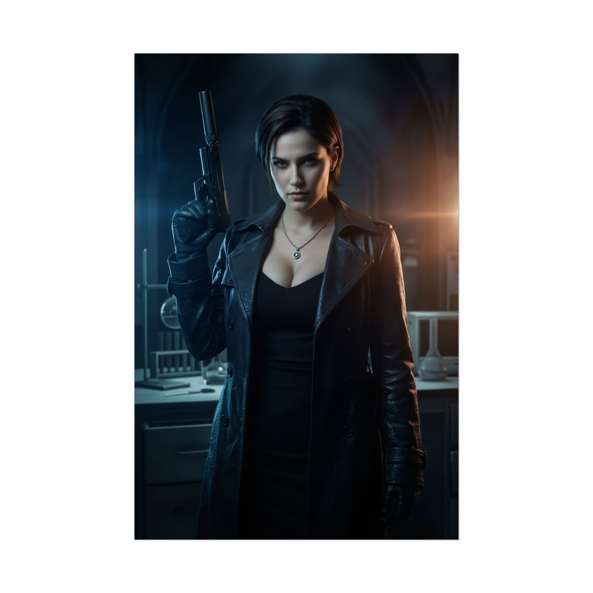 Alex Wesker Poster, Resident Evil Art Print  Iconic Villain Wall Art featuring Alex Wesker holding a pistol in moody lab setting