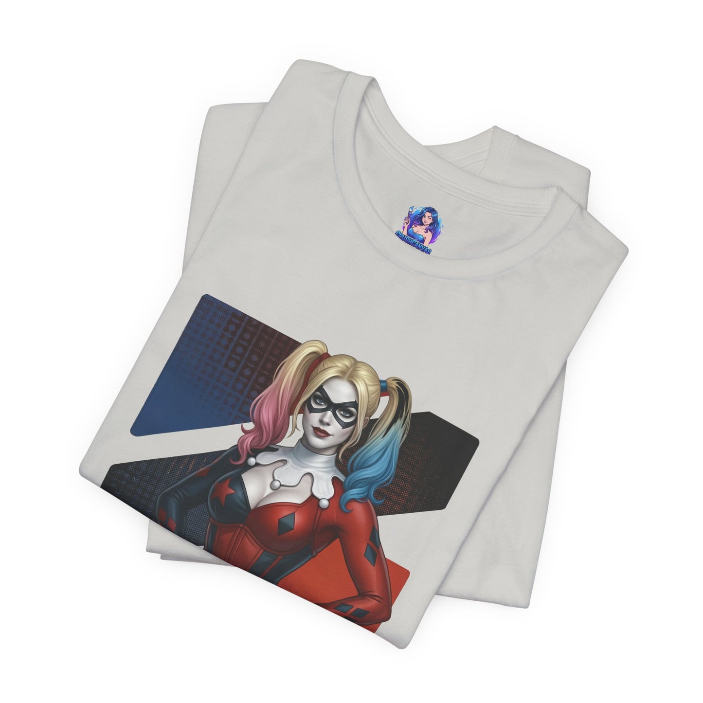 Harley Quinn T-Shirt | DC Comics Anime Tee for Gamers & Comic Fans - anime-style Harley Quinn illustration on folded white Bella Canvas tee