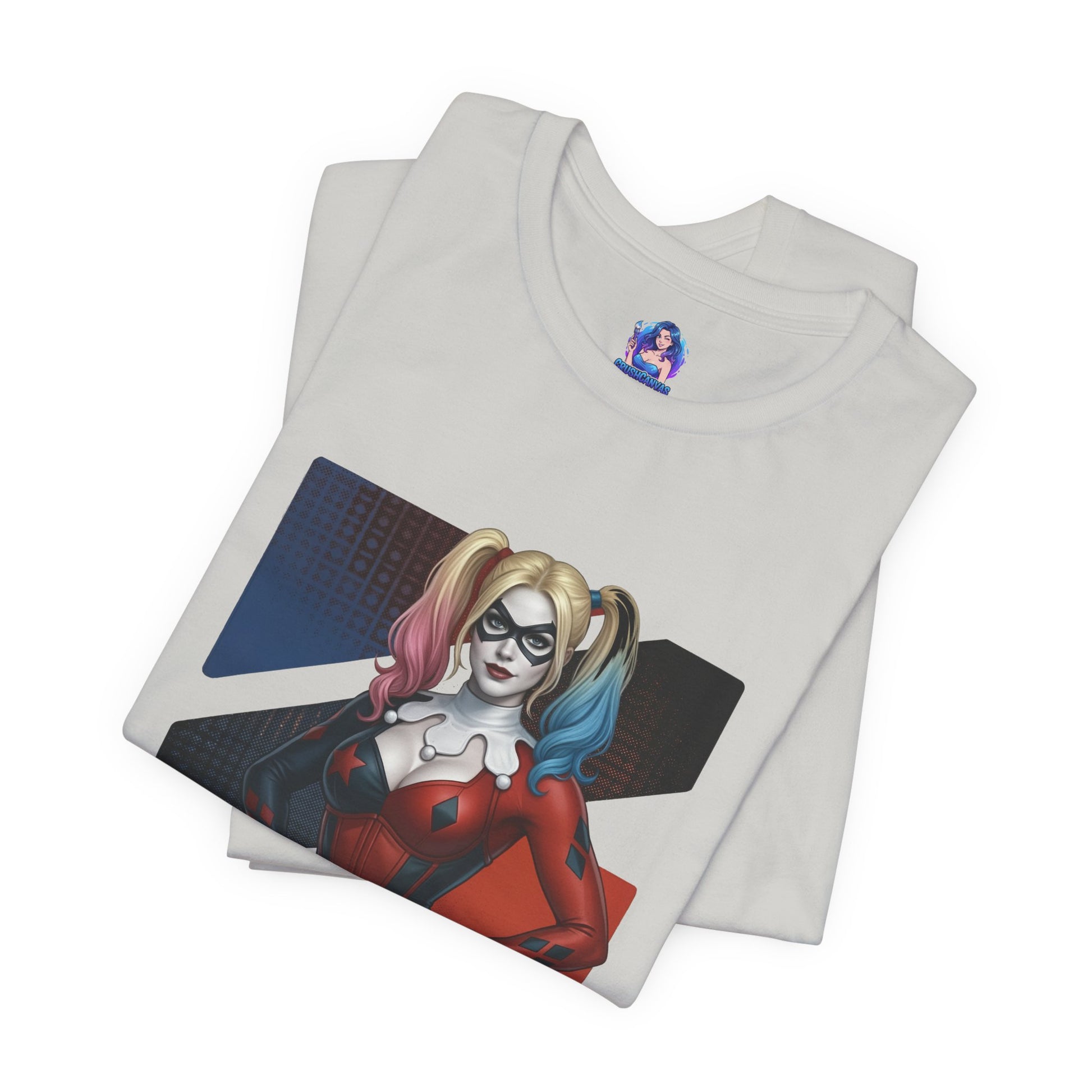 Harley Quinn T-Shirt | DC Comics Anime Tee for Gamers & Comic Fans - anime-style Harley Quinn illustration on folded white Bella Canvas tee