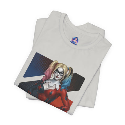 Harley Quinn T-Shirt | DC Comics Anime Tee for Gamers & Comic Fans - anime-style Harley Quinn illustration on folded white Bella Canvas tee
