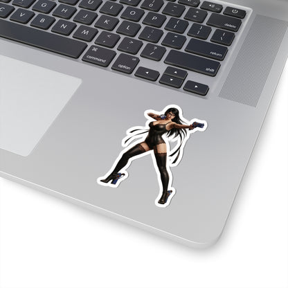 Bayonetta Sticker – Action Game Vinyl Sticker for Laptops & Indoor Decor on silver laptop showing glossy, durable vinyl, bold character artwork