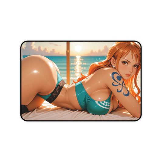 Nami Gaming Mouse Pad, One Piece Desk Mat, Anime Weather Girl Gaming Setup — vibrant beach artwork of Nami in teal swimwear on a sunlit desk mat