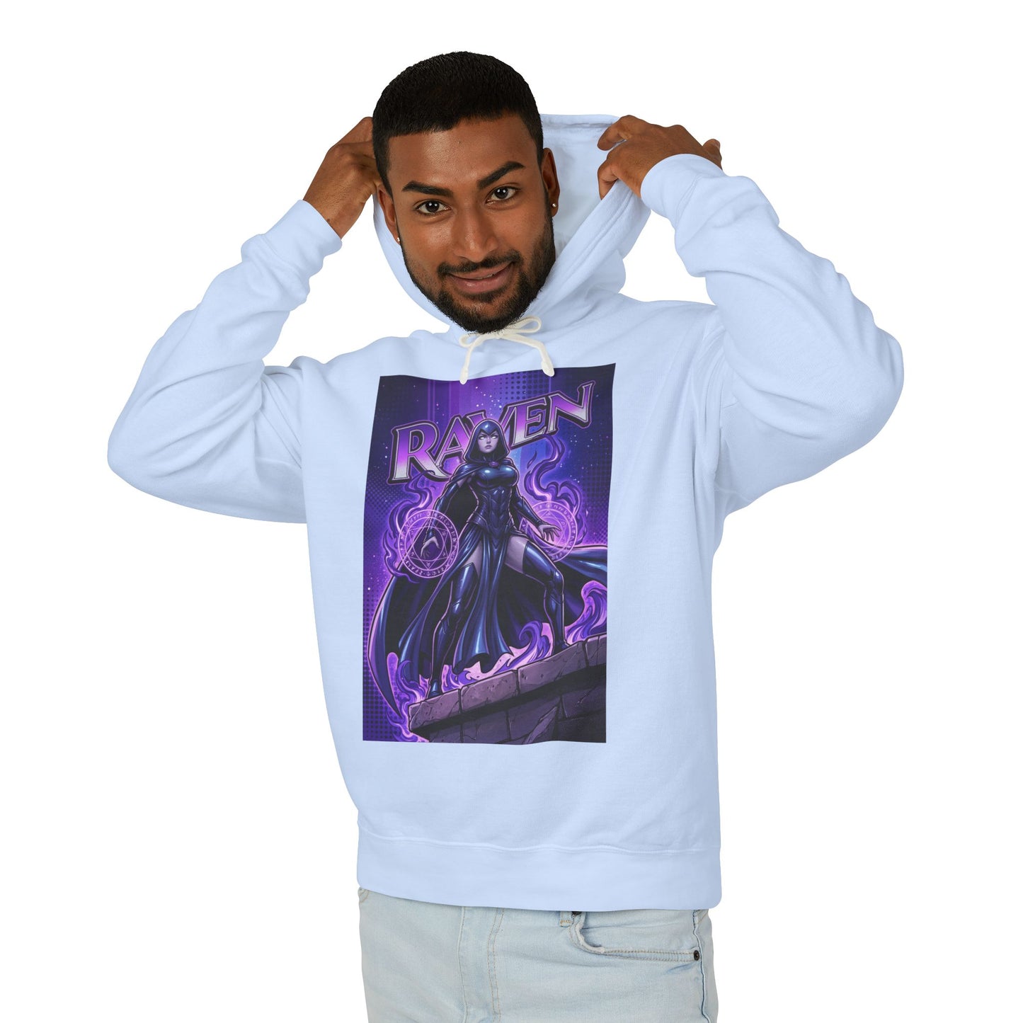 Raven Hoodie | DC Superhero Hoodie | Dark Magic Empress Pullover - light blue hoodie with Raven graphic and purple arcane design