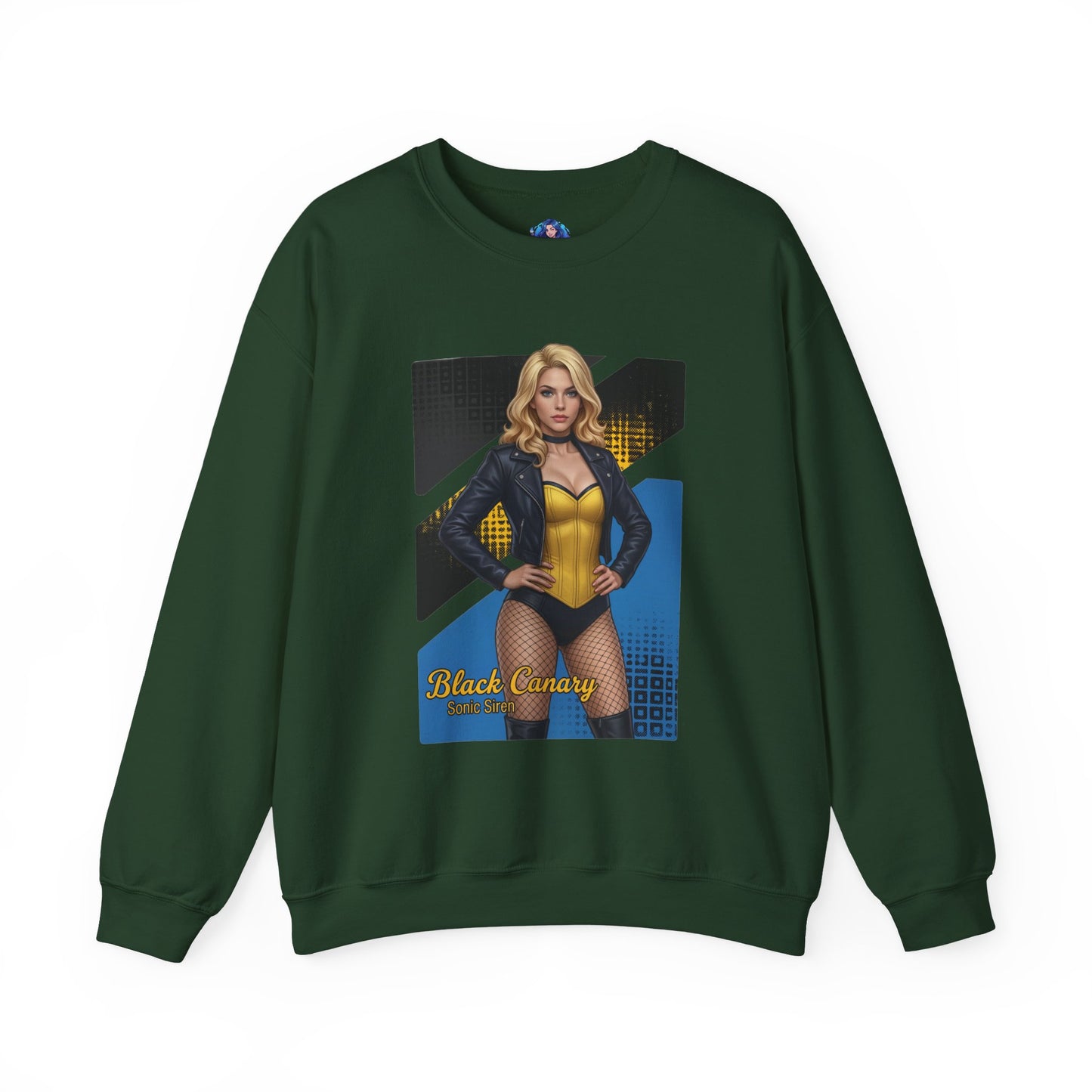 Black Canary Sweatshirt, DC Comics Crewneck, Classic Superhero Apparel for Fans - green crewneck with Black Canary artwork and blonde heroine
