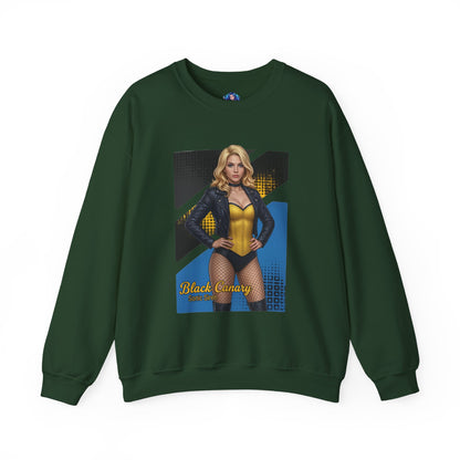 Black Canary Sweatshirt, DC Comics Crewneck, Classic Superhero Apparel for Fans - green crewneck with Black Canary artwork and blonde heroine