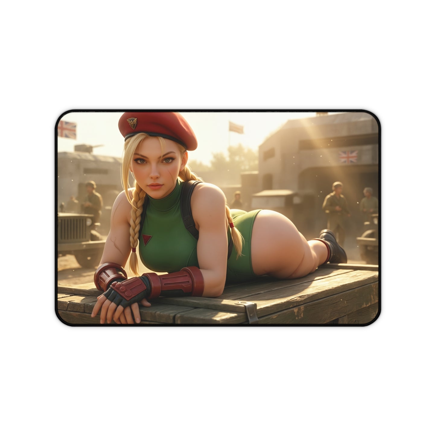 Cammy White Gaming Mouse Pad, Street Fighter Desk Mat, Anime Fighter Girl Setup featuring Cammy in green leotard and red beret on wooden crate