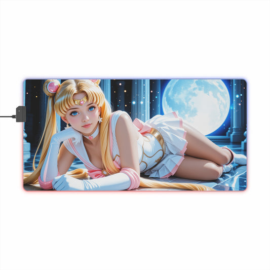Sailor Moon Desk Mat – LED RGB Pad, Elegant Waifu Anime Girl Setup showing reclining moonlit waifu with smooth precision-cloth surface for gaming and design