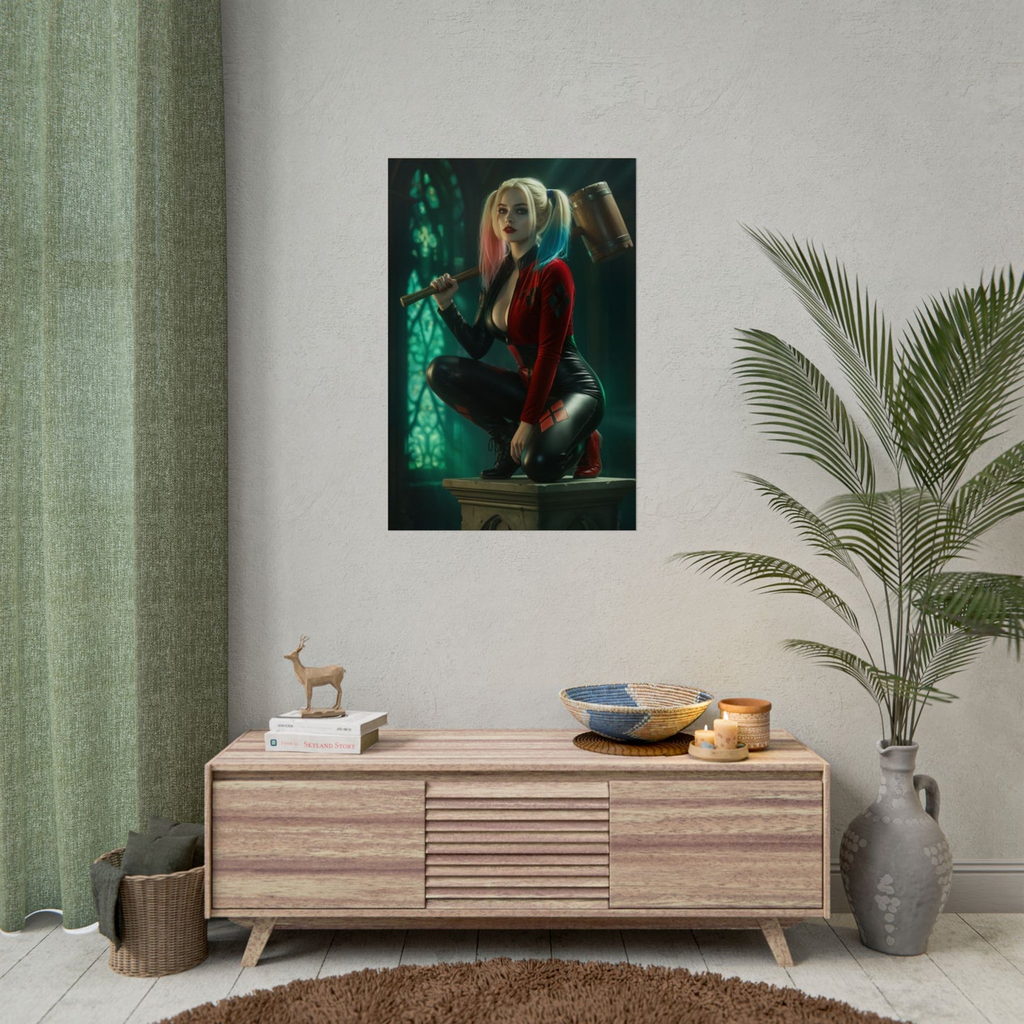 Harley Quinn Poster – Iconic Comic Heroine Wall Art for Gamer Decor shown framed on modern living room wall