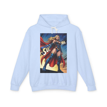 Supergirl Hoodie | DC Superhero Hoodie | Girl of Steel Pullover - light blue pullover with bold comic-style Supergirl front graphic