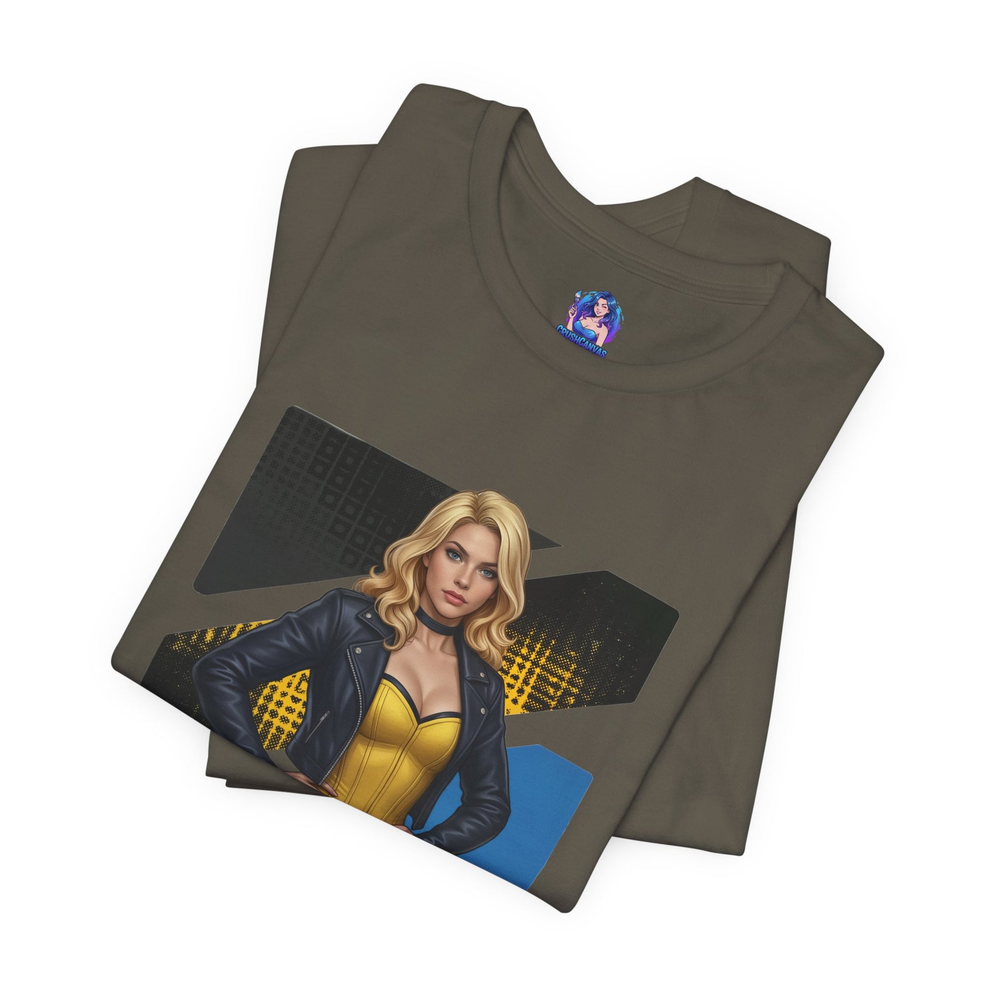 Black Canary T-Shirt | DC Comics Anime Tee for Gamers & Hero Fans - folded Bella Canvas tee with anime-style Black Canary graphic